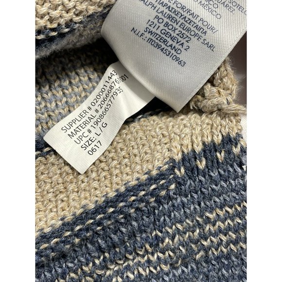 Chaps Ladies Large Sweater Blue  Tan Pullover Striped Neckline Crisscross Tie - Picture 5 of 10